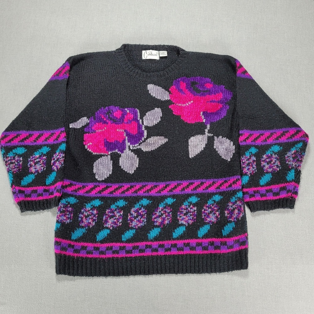 Vintage Carducci Floral Sweater Women Large Retro Abstract Acrylic Black Grandma